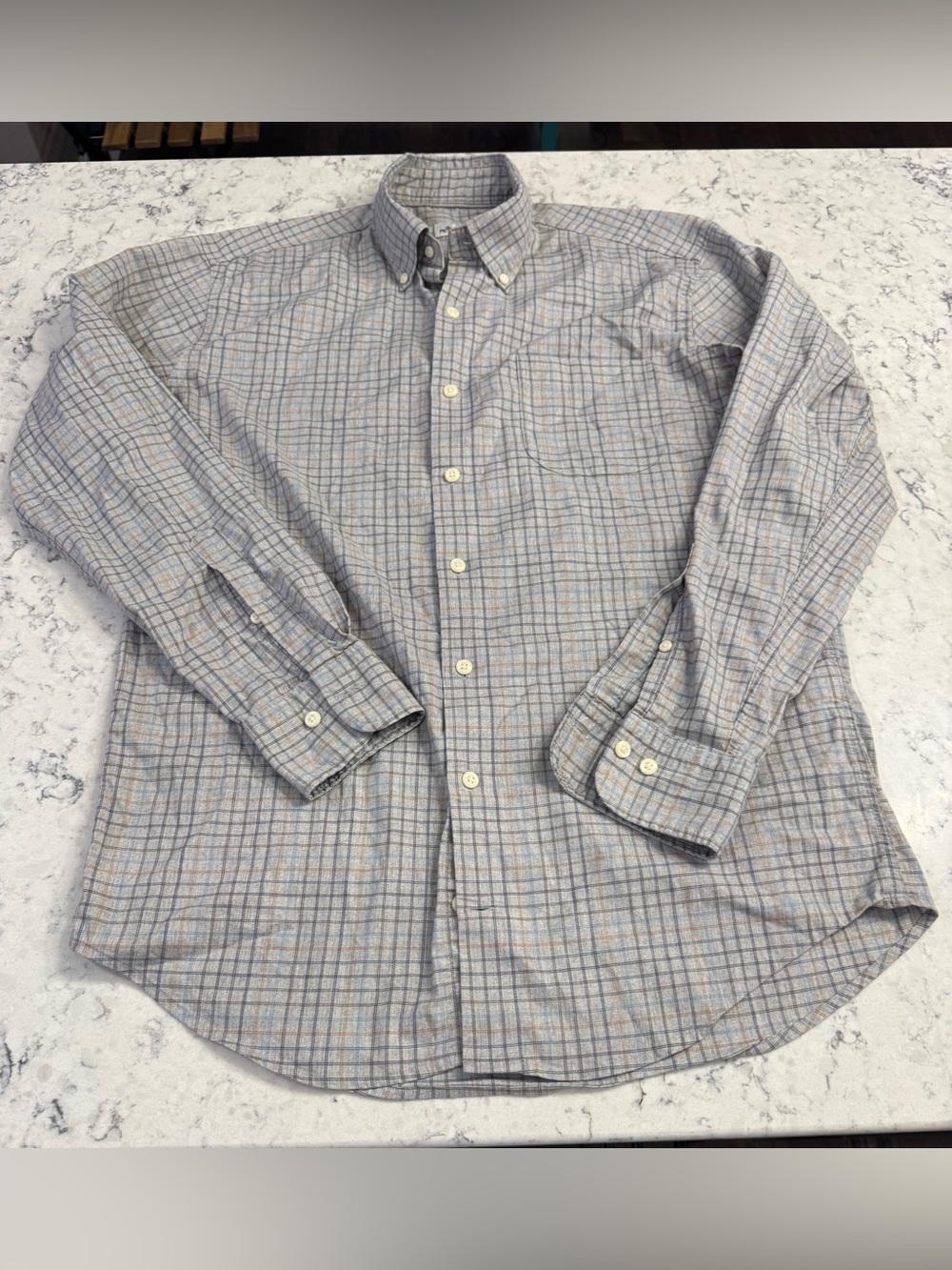 Peter Millar Gray, Blue and Beige Plaid Button Up Dress Shirt. One pocket Size M